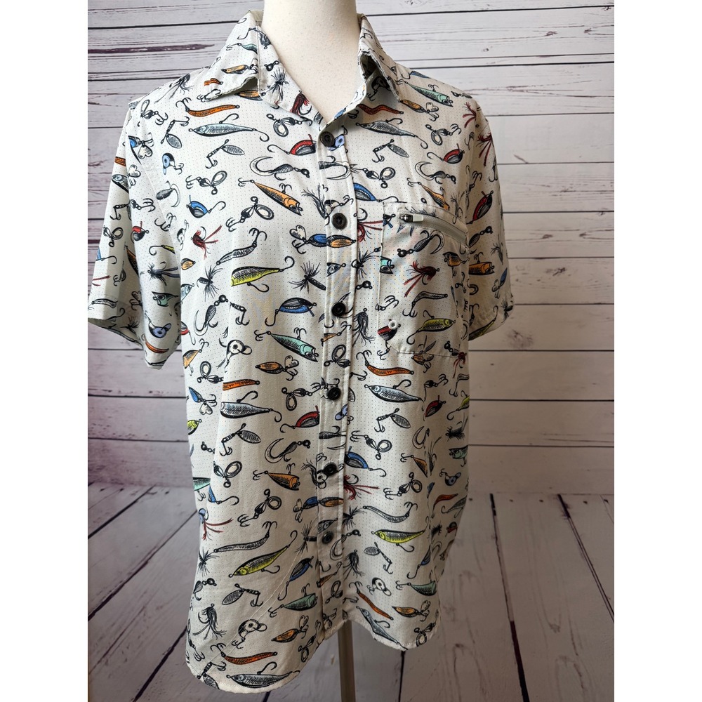 Canada Weathergear Fishing Shirt Mens Small Lure AOP Vented Button Front Camp